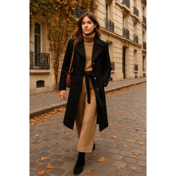 NEW! Kenneth Cole Reaction 2 Classic Wool Belted Trench Coat $348 Jacket Black - Picture 1 of 13